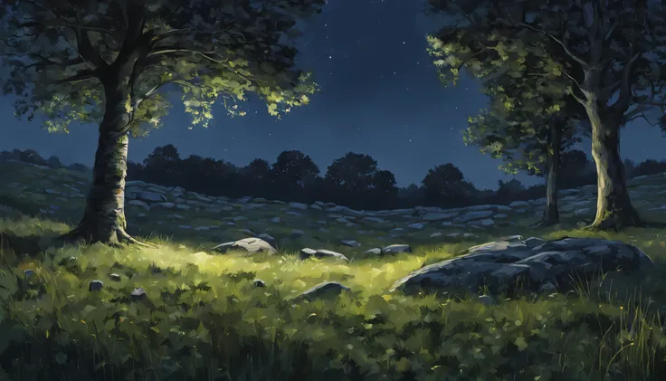 night,illustration,full details,realism,high detail,super quality,Front view,soft light,grassland,tree,forest,Stone,illustration,no humans