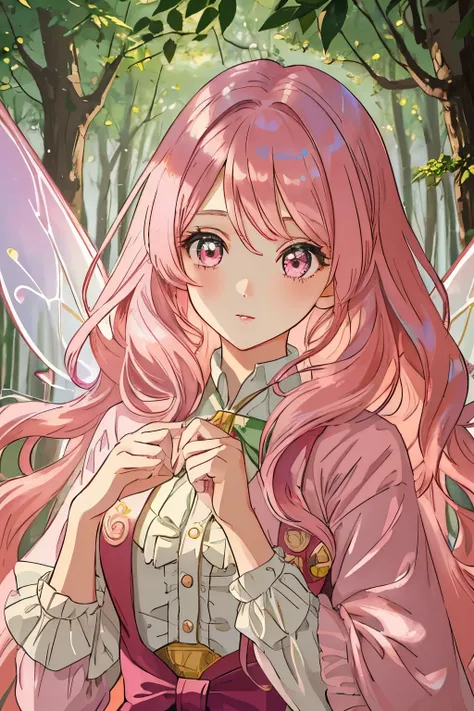 1 girl, forest, ((obra de arte)), melhor quality, perfect face, (perfect anatomy), extremely detailed, Fairy girl, fairy wings, pink hair with light tone, long loose hair, wavy hair, button nose 