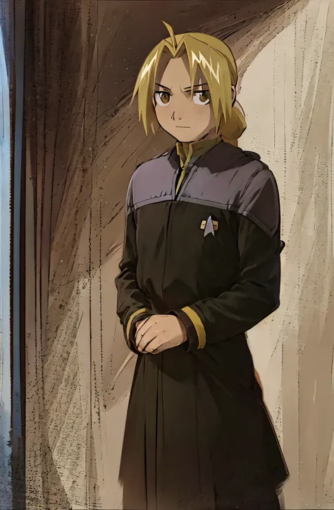 masterpiece, best male qualitye dward_elric
blonde hair
yellow eyes
single mechanical arm
braided ponytail ,ds9st command
ds9st operations
ds9st science uniform