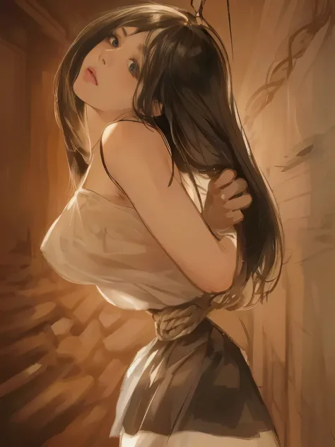 ((masterpiece)), ((best quality)), (ultra-detailed), torture room,(((rope strongly bound waist))),a cute girl, 1girl, solo,camisole,beautiful black hair, (beautiful black eyes), long hair, expression of agony