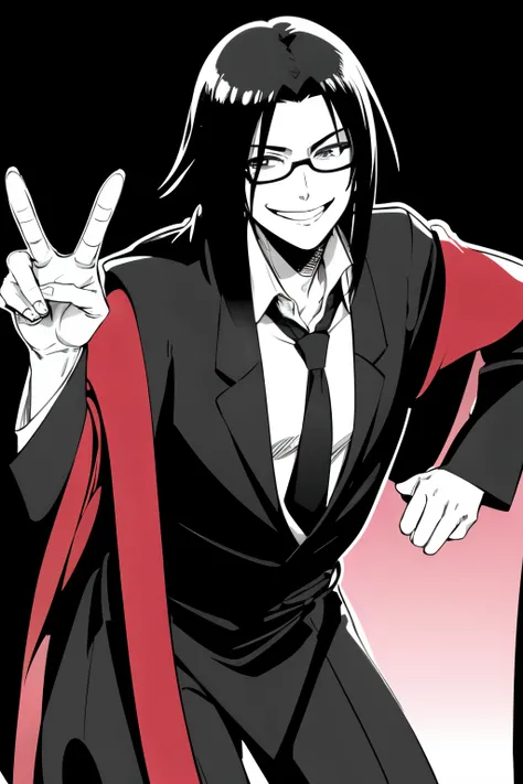 Anime, man following , cult outfit, glasses, black hair, smiling, evil 