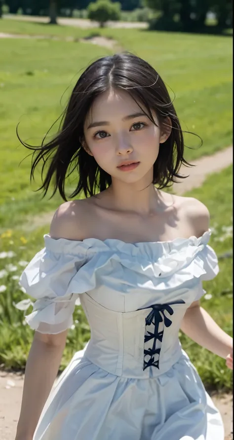 medieval europe castle town、with a girl：her hair is black and short、14 years、small face、Moist eyes、natural makeup、((Look straight at your audience))、light smile、Her face is round and cute、(My face and dress are blowing in the wind)、white sandal shoes、There...