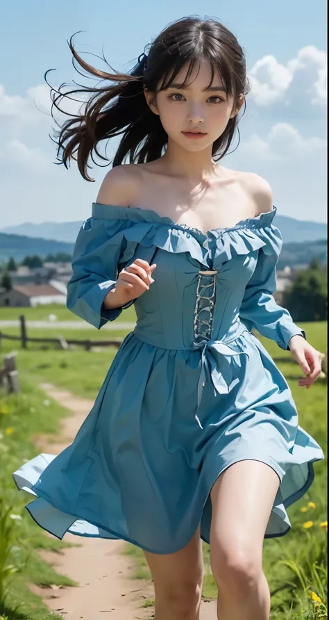 medieval europe castle town、with a girl：her hair is black and short、14 years、small face、Moist eyes、natural makeup、((Look straight at your audience))、light smile、Her face is round and cute、(My face and dress are blowing in the wind)、white sandal shoes、There...