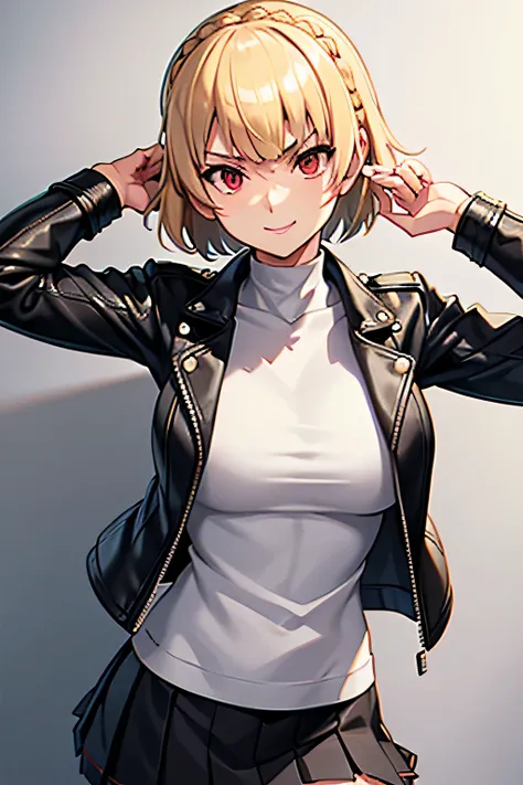 blonde Makoto, Makoto_Niijima_mit_blonde_Haar, bluntly_bangs, Kronenzopf, Leder_Jacke, Falten-_Leder_Rock, Rot_Augen, zuversichtlich_Pose, sanft_Smile, Mittel_Haar, White_Gerade_Hemd, Nice, high resolution, 8k