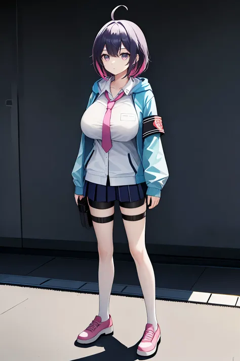 1girl, perfect face, hdr, ahoge, medium_hair, purple_hair, colored inner pink_hair, purple_eyes, big_breast, open_collar, white shirt, long shirt, collarbone, school_uniform, pink necktie, long tie, blue hooded_jacket, blue hooded sweater_jacket, oversized...