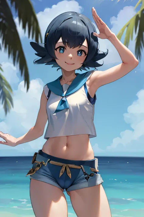 ((masterpiece,best quality)), absurdres,
Lana_Pokemon, sailor collar, sleeveless shirt, blue pants,
solo, smiling, looking at viewer, cowboy shot,
tropical background, cinematic composition, dynamic pose, cameltoe, hotpants