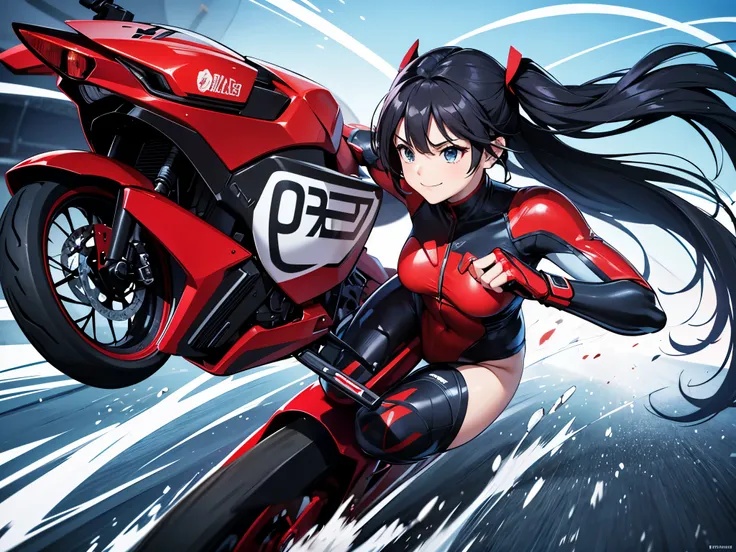 highest quality， dynamic mode、masterpiece， ultra high resolution， realistic， light blue long hair、twin tails、1 superhero girl，Red and black leotard、S mark on chest、black eye，（smile）（Riding a race motorcycle），（Ride Kits），Red Motorcycle，speeding violation、wi...