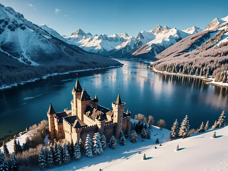 beautiful castle on a hill overlooking the valley and close to lake and river, in the middle of a snowy mountain range, fairy tale place, drone photography, in isolated area