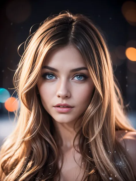 Extreme closeup portrait of an ultra hot gorgeous European woman.age 23. She’s a playmate and men magazine model. Random color wavy hair. Naked. She flirts with camera. Snowy Outdoor night studio shot. Bokeh 