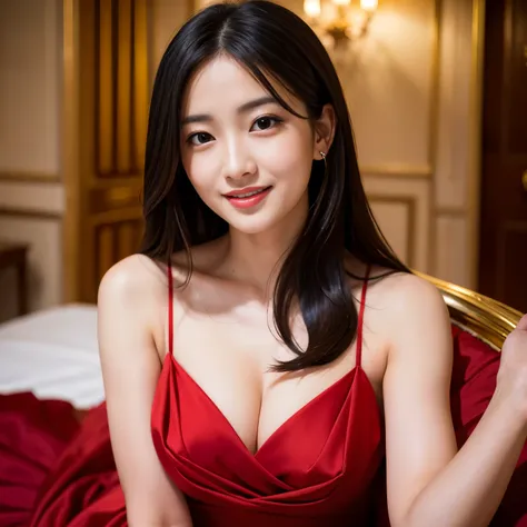 Best-quality, Masterpiece, Ultra-High-Resolution, (Photorealistic:1.4), Raw-Photo, 1girl, the most famous Japanese idol, face-focus, grinning, looking at viewer, (wearing red evening-dress with luxurious-design), (extremely cute face like the most popular ...