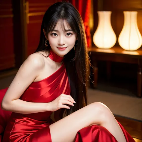 Best-quality, Masterpiece, Ultra-High-Resolution, (Photorealistic:1.4), Raw-Photo, 1girl, the most famous Japanese idol, 15-years-old, face-focus, grinning, looking at viewer, (wearing red gorgeous evening-dress with luxurious-design), (extremely cute face...