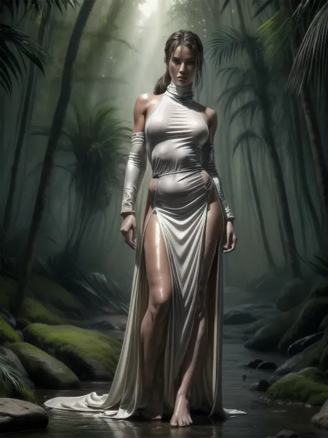 (Digital Art medieval style) athletic white clean shiny wet oiled oily soaked clinging dress wet Lara Croft white revealing lowing silk robes medieval style turtleneck leather top, nude belly, and slit medieval style long skirt, in a dense misty mysterious...