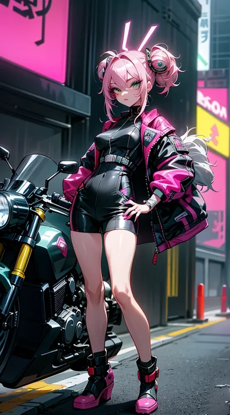 masterpiece, highest quality, 1 cyberpunk girl, full body shot, stand in front of the bike, looking at the viewer, Confident cyberpunk girl with a cheeky look, Harajuku-style pop costumes, bold colors and patterns, attractive accessories, modern hairstyles...