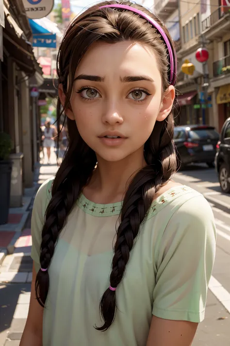 an impressive and intricate full color portrait, ultra-hd a 13 year old girl, brown hair with 2 braids, brown eyes, pink headban...