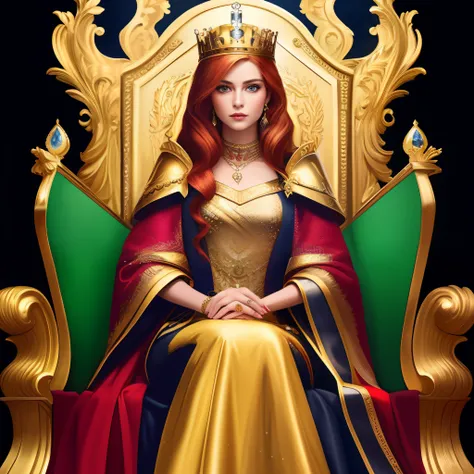 Create a hyperrealistic image of a human queen in very high definition sitting on a golden throne, Her blonde hair has gorgeous red locks, Her dress is vivid red with gold accents and her eyes are light green, uma rainha humana ultra-realista sentada no tr...