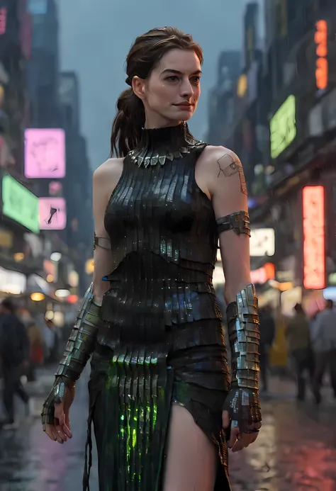 3d model of  anne hathaway (((ohwx woman))) wearing a dress that is a mix of cyberpunk dress and nordic viking armor, tribal tat...