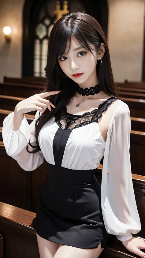 Super detailed、Japanese、charming beauty、seductive adult woman、Beautiful woman、sharp eyes、cool girl、wavy hair、suit、Black chiffon、lace fabric、wide sleeve、wearing a lace insert dress、white blouse、Tight Skirt、Lustrous legs、evilの幹部、evil depravity、brainwashing、M...