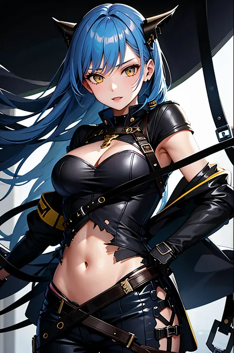 1girl, solo, siren_(AL), rigging, torn clothes, blue hair, yellow eyes, shackles, best quality, highest resolution, ultra detailed outfit