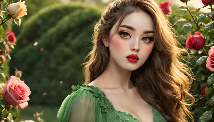 (best quality,4k,8k,highres,masterpiece:1.2),(ultra-detailed,realistic:1.37),beautiful detailed eyes,beautiful detailed lips,extremely detailed eyes and face,longeyelashes,green dress,flowing long hair,garden surroundings roses,breathtaking sky and backgro...