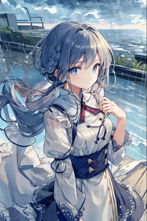 table top, highest quality,figure, wallpaper, Super detailed, absurd, 1 girl, alone, (medium long hair、short braided hair), detailed and beautiful eyes, rainfall、cloudy sky、hair blowing in the wind、