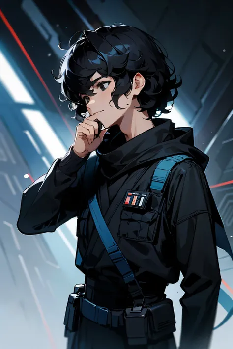 star wars, alien, star wars outfit, young male, helmet, black hair, curly hair, black outfit, black eyes, blue scarf