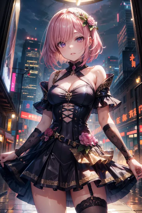 formal, short dress, sexy, skindentation, ((highest quality)), ((masterpiece)), (familiar), perfect face, 8k , cowboy shot, ((pink hair)), bob cut, black eye, beautiful princess, metallic costume, medium breasts,