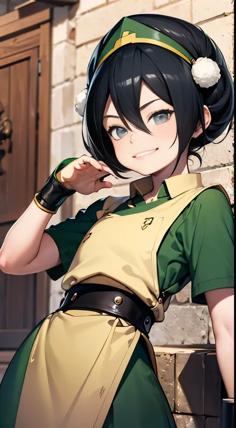 ultra realistic, 8 year old girl, short black hair, blind, toph beifong , smug smile , rocky plain , ultra detalhada, conbat pos...