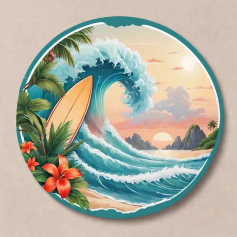 surfboard, full size, front view, , tropical beach background, wind, waves, (Vietnamese style surfboard painting), Sticker, (round sticker on simple background), outside border, social media composition, out of frame