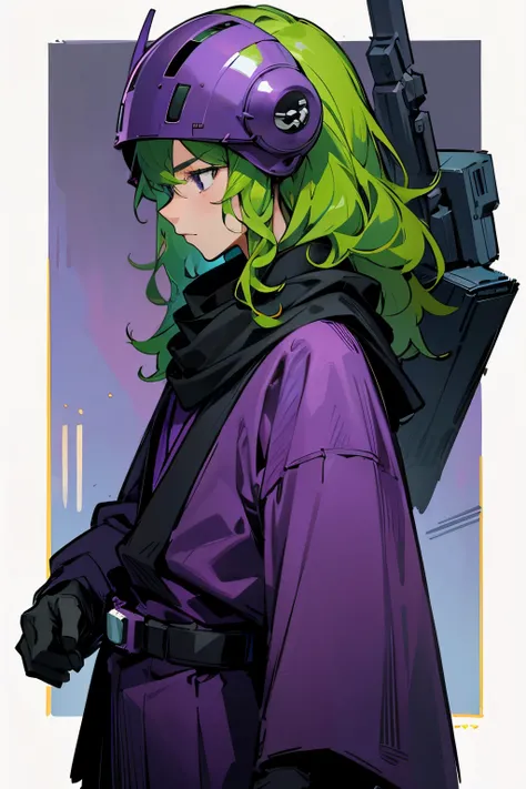 star wars, alien, star wars outfit, young male, red helmet, green hair, wavy hair, purple outfit, black eyes, black scarf