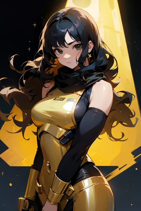 star wars, alien, star wars outfit, female, golden helmet, black hair, wavy hair, gold shiny outfit, black eyes, black scarf, muscular