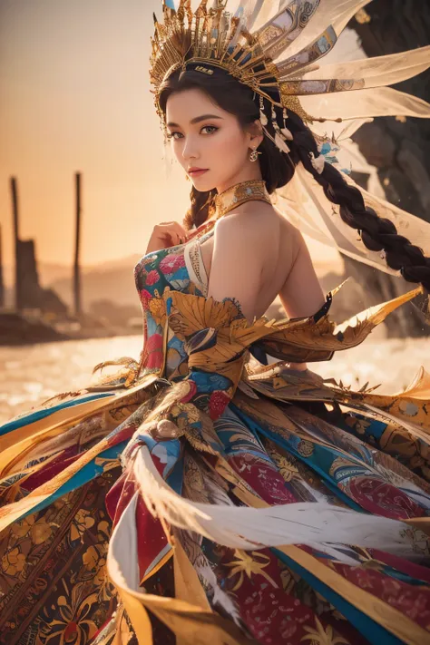 ( absurdly , high quality , Super detailed,See photographer ),Queen of Wind Queen of the Wind costume with detailed and beautiful colorful patterns,See photographer，fantastic world