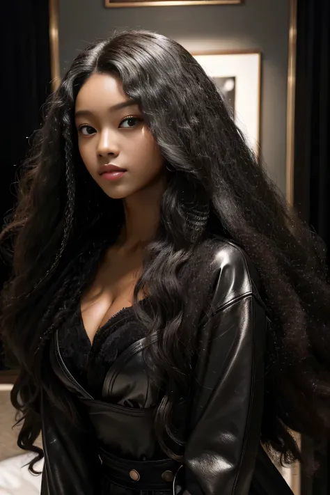 masterpiece, best quality, beautiful black and Asian mixed 19 year old, ebony skin female, long, frizzy, curly dark hair, perfect face, half body, long hair, 