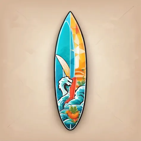 surfboard, full size, front view, , tropical beach background, wind, waves, (Vietnamese style surfboard painting), Sticker, (round sticker on simple background), outside border, social media composition, out of frame