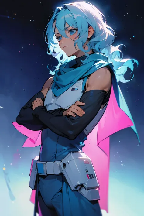 star wars, alien, star wars outfit, male, light blue hair, wavy hair, magenta shiny outfit, blue eyes, blue scarf, muscular,
