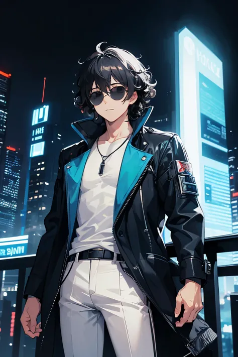 1boy, curly hair, black hair, sunglasses, light blue jacket, white shirt, grey pants, night, neon, cityscape, skyline