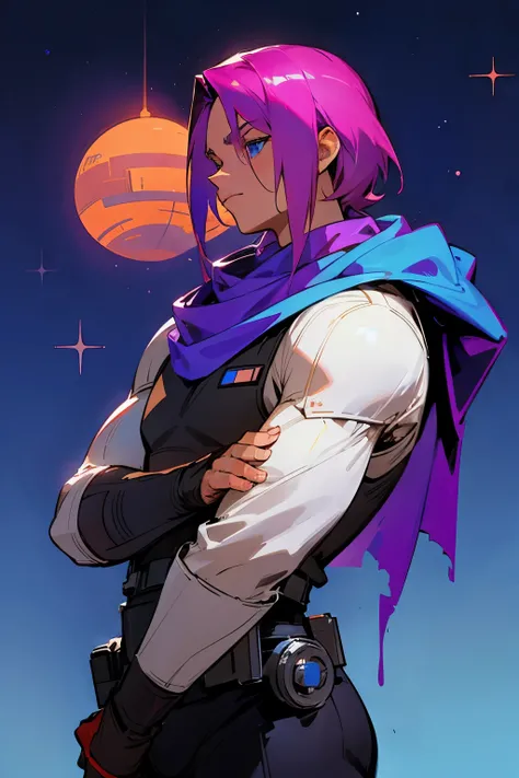 star wars, alien, star wars outfit, male, shiny hair, magenta shiny outfit, blue eyes, blue scarf, big muscular, desert background