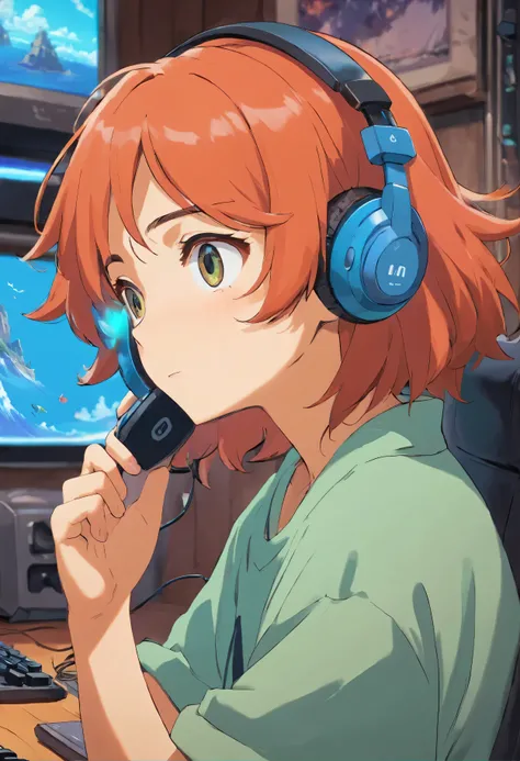 um menino usando um headset de anime, pele escura, no estilo de quarto gamer, animated color photos, Masami Teraoka, gamer, Paulo Gauguin, Estilo Embry, retrato honesto