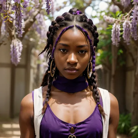 close up shot of an african teenager, with dark brown hair styled into dreadlocks with purple ends. he has sharp, yellow eyes wi...