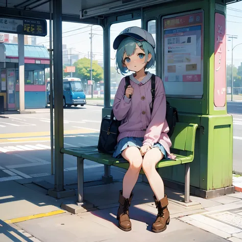 pastel color beauty、Im wearing a cap、knit、mini skirt、bus stop、bus stopで待ち合わせ、short hair、boots、