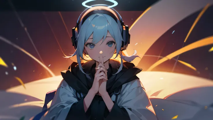 At the center of the frame is a savvy girl listening through headphones, surrounded by a scatter of musical nots. A halo appears on one of her hands, indicating that she has grasped some information that others are not privy to.