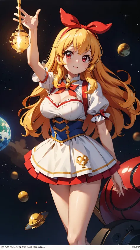 best quality, ultra detailed 8k cg render, masterpiece, high resolution, extremely detailed,
voluptuous beauty mecha girl,
super breasts,
, blonde hair, RED eyes,
gold White mix color mecha armor,
RED hair bund,
universe,outer space,
Venus planet,
bubble i...