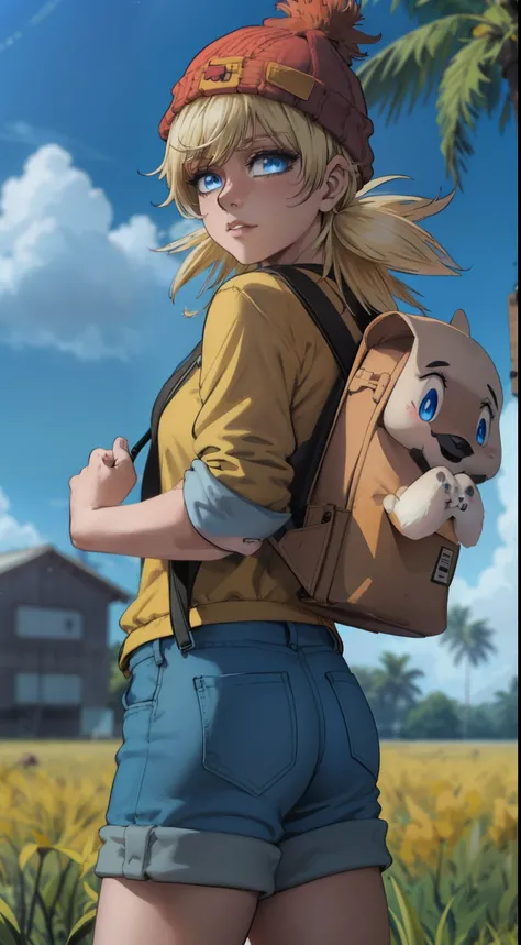 anime girl with a (((yellow backpack))) and (((four dogs in a field of coconut trees))), ((((blue eyes girl)))), (((The girl is wearing a beanie))), cute detailed digital art, adorable digital painting, ((((camera a front of character)))), artwork in the s...