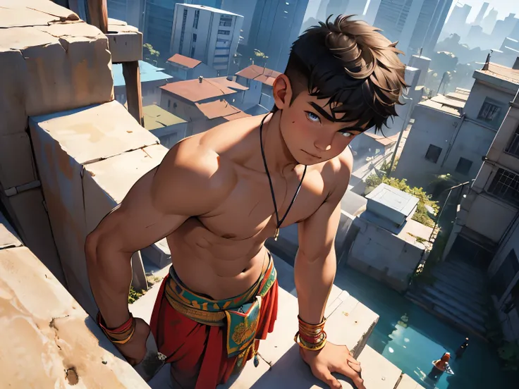 there is a 15-year-old boy dressed in indian tribal costumes, shirtless, sadly observing a modern city from above., esta perdido...