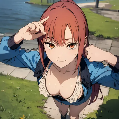 (masterpiece, best quality, high resolution, animescreencap, anime colored,), (perfect anatomy, beautiful detailed eyes, beautiful detailed body, beautiful breast, shiny skin), 1girl, red hair, side bangs, ponytail, ((ponytail)) , medium breasts, smiling,o...