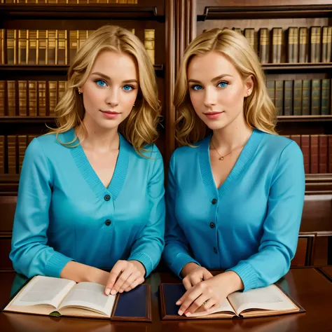 (melhor qualidade,4k,high resolution:1.2),ultra-detalhado,Realista:1.37,Fotografia,[two german twin sisters],Cabelo loiro,olhos azuis,library configuration,fundo da biblioteca,[dressed like librarians],[roupas extremamente detalhadas],[lindo