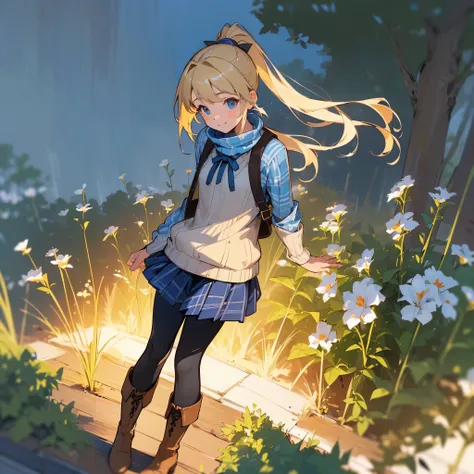 (high quality, high resolution, Super detailed, Reality:1.37), peaceful atmosphere, (outdoor, garden), teenage girl standing alone, (big chest.), beautiful detailed features, cute smile, (blonde ponytail), ribbed sweater, blue plaid skirt, black tights, br...