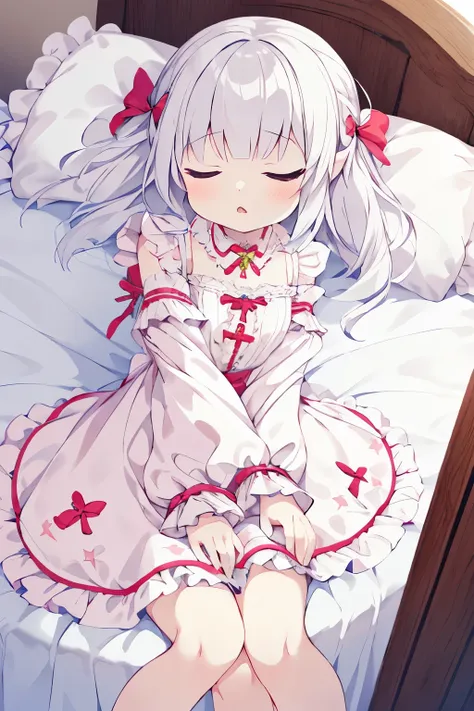 1girl, frilly dress, (sleeves past wrists, sleeves past fingeroesode, hurray, Sleep on bed 