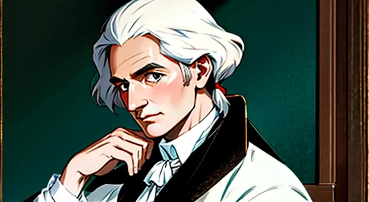 un dibujo de un hombre con pelo largo y abrigo negro, un primer plano de un hombre estilo clasico,  Adam Smith, en sus 50, obra de arte, similar a george washington, pelo blanco