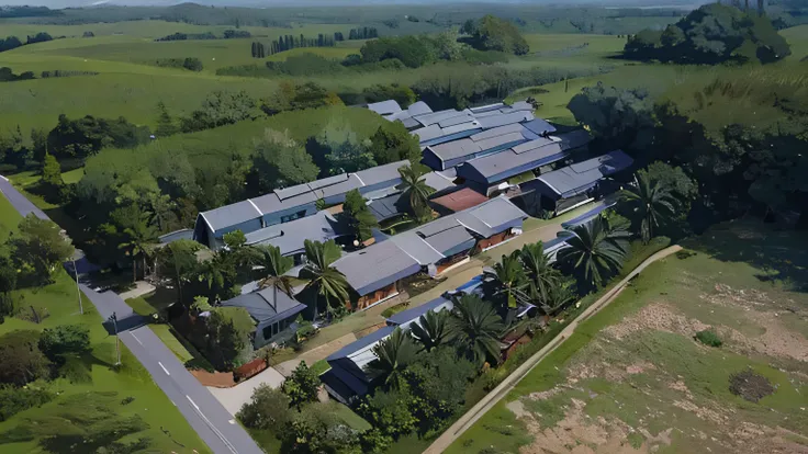 aerial view of a chicken farm with a lot of Malaysia trees and a road, photo taken from above, aerial shot, shot from a drone, aerial view from above, aerial shot from the drone, photo from above, aerial shot, ariel view, wide aerial shot, top - view, phot...