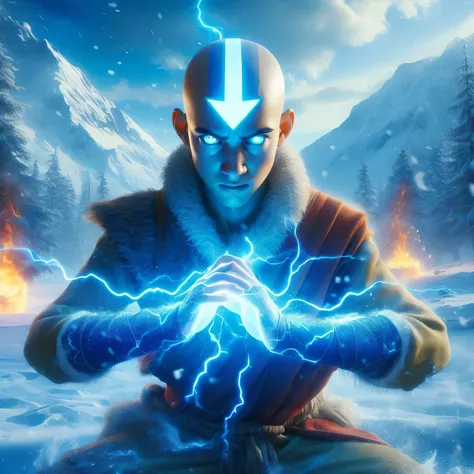 avatar Aang the legend of avatar is preparing to fight with water control moves, lightning effects from eyes and hands, Setting in a snow country with lots of snow hills, ultra realistic, hyper realistic, cinematic, 32K, UHD